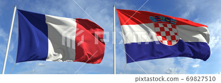 Flags of France and Croatia on flagpoles. 3d rendering Flags of France and Croatia on flagpoles. 3d rendering 69827510