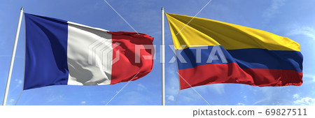 Flying flags of France and Colombia on high flagpoles. 3d rendering Flying flags of France and Colombia on high flagpoles. 3d rendering 69827511