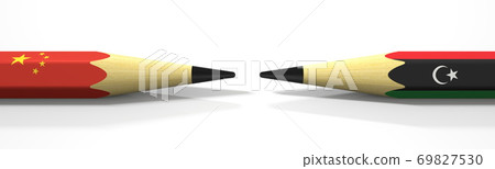 Two pencils with flags of China and Libya, political conflict related 3d rendering 69827530