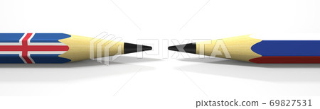 Opposing pencils with flags of Iceland and Russia. Conflict concept, 3d rendering Opposing pencils with flags of Iceland and Russia. Conflict concept, 3d rendering 69827531
