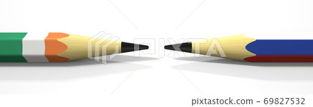 Flags of Ireland and Russia on the pencils, 3d rendering Flags of Ireland and Russia on the pencils, 3d rendering 69827532