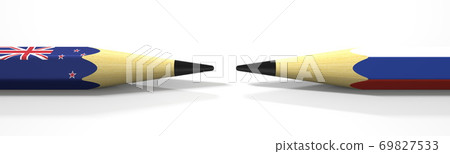Opposing pencils with flags of New Zealand and Russia. Conflict concept, 3d rendering Opposing pencils with flags of New Zealand and Russia. Conflict concept, 3d rendering 69827533
