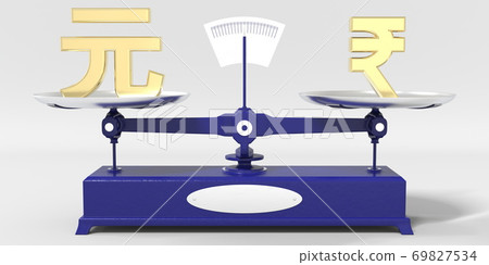 Yuan renminbi symbol weighs the same as Rupee sign on balance scales. Financial market conceptual 3d rendering Yuan renminbi symbol weighs the same as Rupee sign on balance scales. Financial market conceptual 3d rendering 69827534