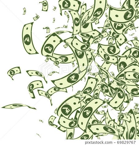 Indian rupee notes falling. Messy INR bills on whi 69829767