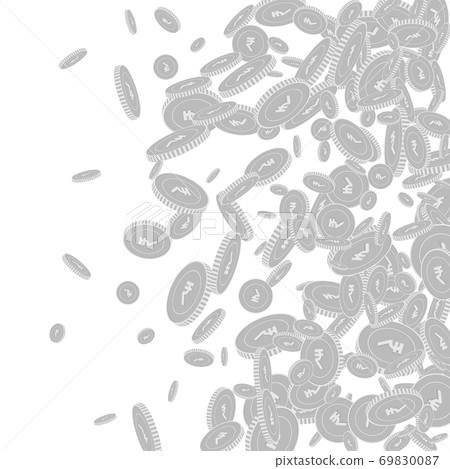 Indian rupee coins falling. Scattered black and wh Indian rupee coins falling. Scattered black and wh 69830087
