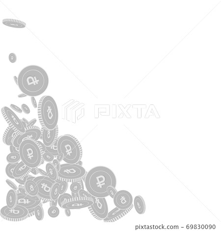 Russian ruble coins falling. Scattered black and w Russian ruble coins falling. Scattered black and w 69830090
