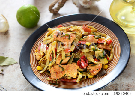 Noodles with chicken and vegetabels Noodles with chicken and vegetabels 69830405