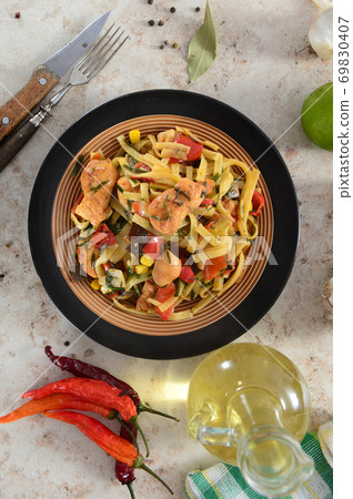 Noodles with chicken and vegetabels Noodles with chicken and vegetabels 69830407