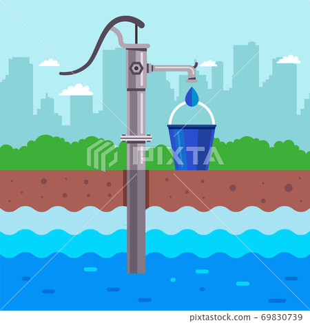 extraction of water from the ground. column with water and a bucket. extraction of water from the ground. column with water and a bucket. 69830739