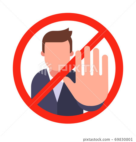 red ban sign. man shows stop sign with hand 69830801