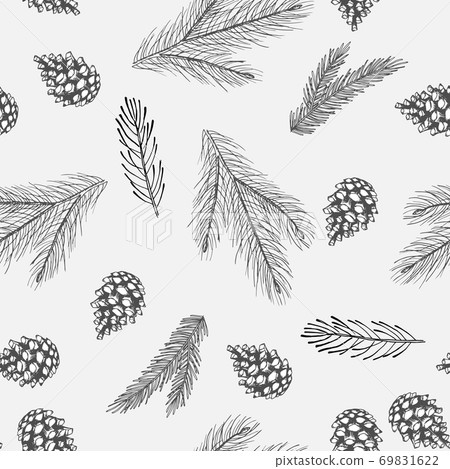 Xmas Seamless pattern with Christmas Tree Decorations, Pine Branches hand drawn art design vector illustration. 69831622