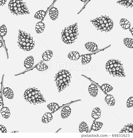 Xmas Seamless pattern with Christmas Tree Decorations, Pine Branches hand drawn art design vector illustration. Xmas Seamless pattern with Christmas Tree Decorations, Pine Branches hand drawn art design vector illustration. 69831623