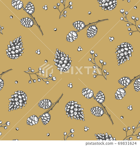 Xmas Seamless pattern with Christmas Tree Decorations, Pine Branches hand drawn art design vector illustration. 69831624