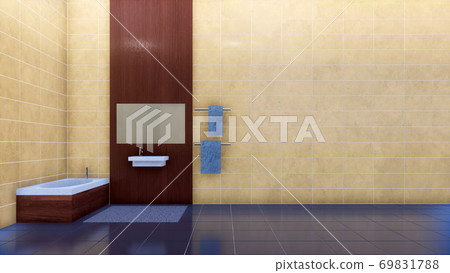 Bathroom interior with copy space beige tiled wall 69831788