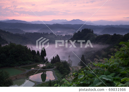新潟縣長岡市山越:日出染上的霧和鯉魚塘的水面 新潟縣長岡市山越:日出染上的霧和鯉魚塘的水面 69831986