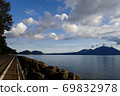 Blue sky and white clouds while driving along the shore of Lake Shikotsu 69832978