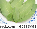 Up 3 of raw bay laurel leaves lined up in Japanese dishes 69836664