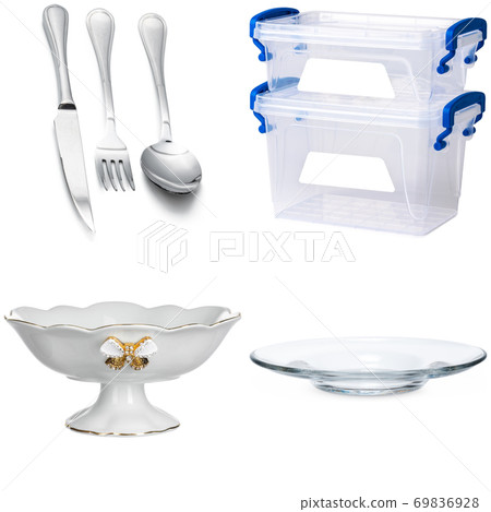 Collage of kitchen utensils isolated on white Collage of kitchen utensils isolated on white 69836928