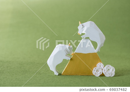 New Year's 2021, lucky white cow and gold Fuji with rising luck New Year's 2021, lucky white cow and gold Fuji with rising luck 69837482