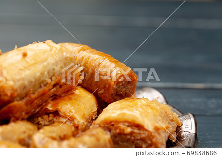 Plate of baklava dessert close up served on table 69838686