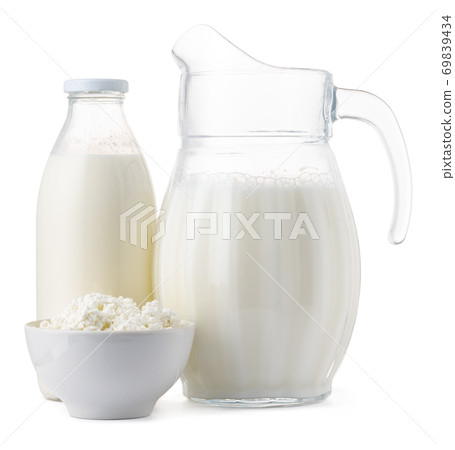 Fresh dairy products milk and cottage cheeese isolated on white 69839434