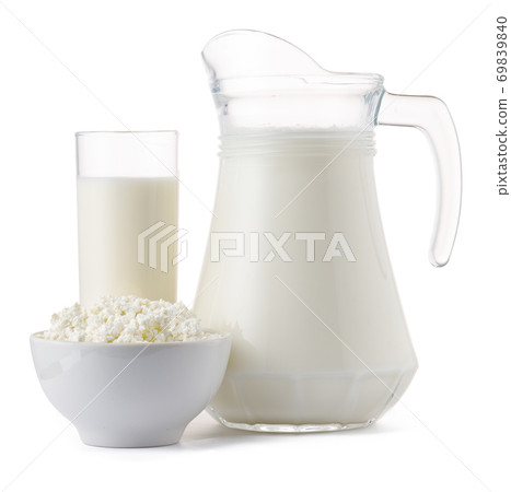 Fresh dairy products milk and cottage cheeese isolated on white 69839840