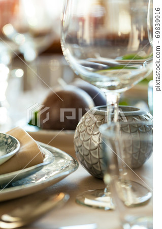 Elegant dinner table served for banquet event 69839916