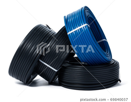 Coils of black and blue cable isolated on white background Coils of black and blue cable isolated on white background 69840037