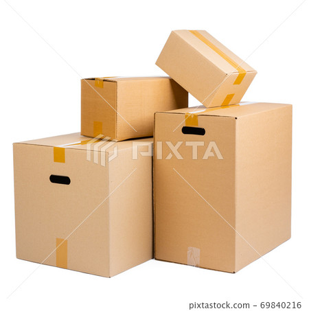 Stack of cardboard boxes isolated on white background 69840216
