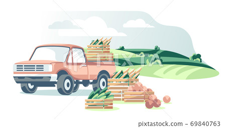 Truck with boxes of harvest vegetables on agriculture field white background isolated Truck with boxes of harvest vegetables on agriculture field white background isolated 69840763