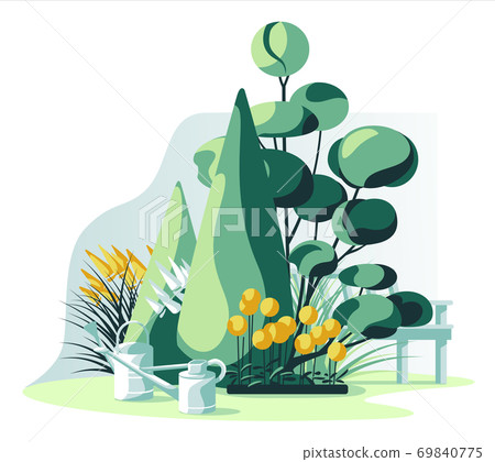 Residential garden plants set with bench white background 69840775