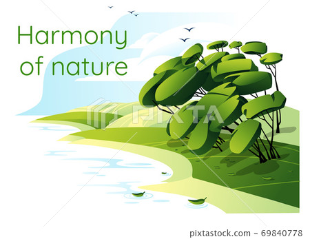 Summer/spring lanscape with tree on the lake isolated white background 69840778