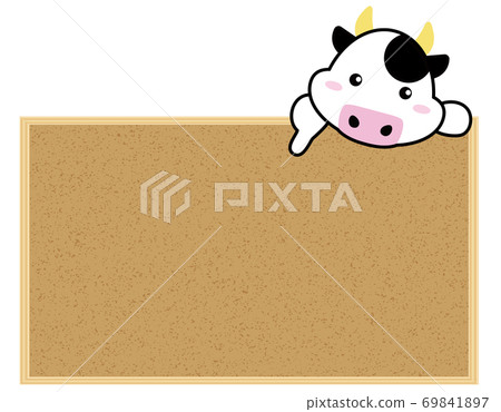 Cow 08_09 (cow pointing finger from above in cork frame, text space) Cow 08_09 (cow pointing finger from above in cork frame, text space) 69841897