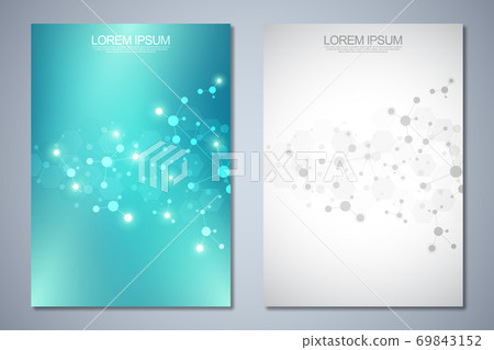 Templates brochure or cover book, page layout, flyer design with abstract background of molecular structures and DNA strand. Concept and idea for innovation technology, medical research, science. Templates brochure or cover book, page layout, flyer design with abstract background of molecular structures and DNA strand. Concept and idea for innovation technology, medical research, science. 69843152