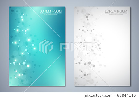Templates brochure or cover book, page layout, flyer design with abstract background of molecular structures and DNA strand. Concept and idea for innovation technology, medical research, science. 69844119