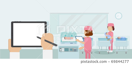 Blank screen tablet in maternity ward 69844277