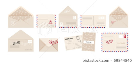 Envelope and greeting card. Cartoon invitation letter and postcard set with post stamps. Square covers front and back, open and close postal express delivery. Vector isolated collection 69844840
