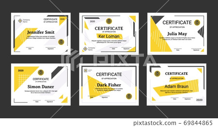 Certificate. Graduation elegant and minimalist diploma with seal and place for logotype company, data and signature, achievement and appreciation document. Vector professional blank set Certificate. Graduation elegant and minimalist diploma with seal and place for logotype company, data and signature, achievement and appreciation document. Vector professional blank set 69844865