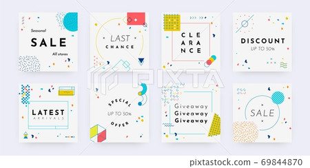 Memphis banners. Abstract retro posters with minimalistic patterns and geometric shapes in blue, red and yellow. Square white flyers vector graphic design template for social media posts Memphis banners. Abstract retro posters with minimalistic patterns and geometric shapes in blue, red and yellow. Square white flyers vector graphic design template for social media posts 69844870