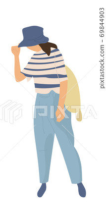 Modern woman walking. Female character going for a walk in park. Leisure activities, girl walking outdoors in jeans, t-shirt and hat. Clothes combination vector isolated illustration Modern woman walking. Female character going for a walk in park. Leisure activities, girl walking outdoors in jeans, t-shirt and hat. Clothes combination vector isolated illustration 69844903