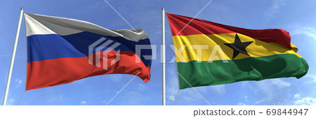 Flags of Russia and Ghana on flagpoles. 3d rendering Flags of Russia and Ghana on flagpoles. 3d rendering 69844947