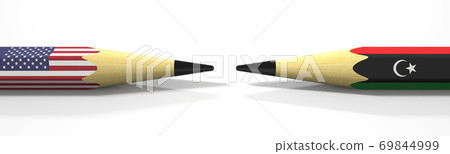 Pencils with flags of the USA and Libya. Political conflict concept. 3d rendering 69844999