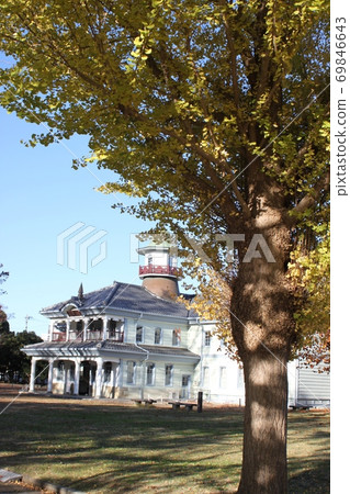 藍天下的銀杏黃葉和復古建築前水海道小學本館茨城縣立歷史博物館 69846643