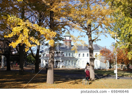 藍天下的銀杏黃葉和復古建築前水海道小學本館茨城縣立歷史博物館 69846646