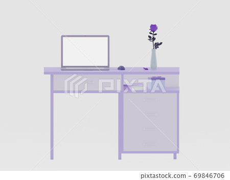 laptop on violet table with flower rose, 3d render 69846706