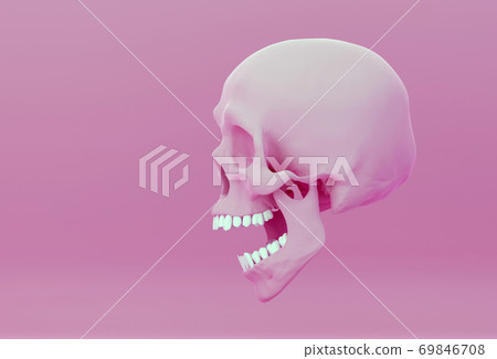 pink skull with open jaw in surprise, on pink background, side view, 3d illustration pink skull with open jaw in surprise, on pink background, side view, 3d illustration 69846708