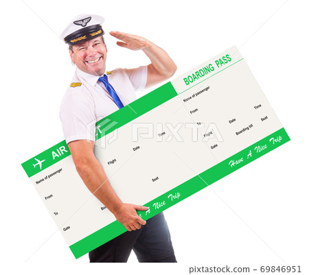 A cheerful pilot hold air ticket and salute with his hand, isolated on white background. A cheerful pilot hold air ticket and salute with his hand, isolated on white background. 69846951