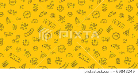 Doodle seamless pattern with cars, road signs, markings and traffic lights. 69848249
