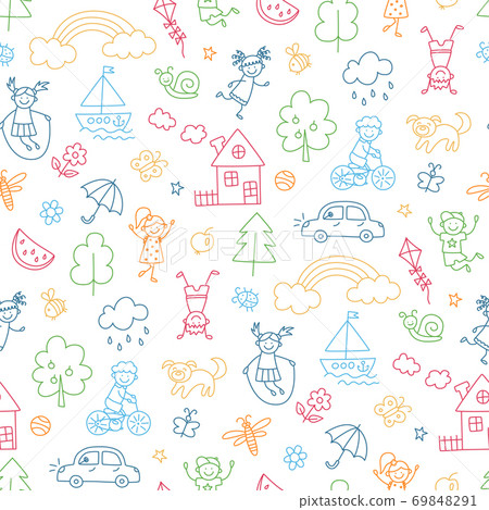 Happy children in summer park. Funny small kids play, run and jump. Seamless pattern Happy children in summer park. Funny small kids play, run and jump. Seamless pattern 69848291