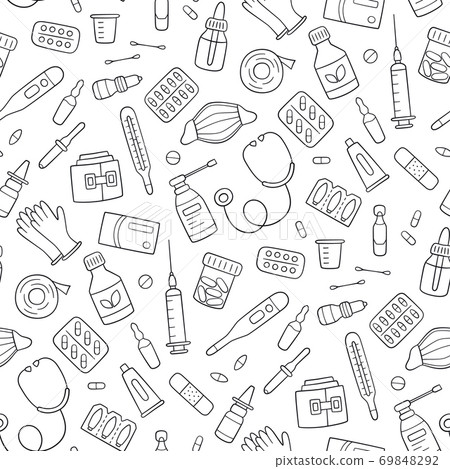 Seamless doodle pattern with medications, drugs, pills, bottles and health care medical elements. Seamless doodle pattern with medications, drugs, pills, bottles and health care medical elements. 69848292